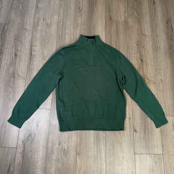 J.Crew Cotton Half-zip Sweater Mens L Green Pullover Ribbed Trim Leather Zipper - Picture 2 of 8
